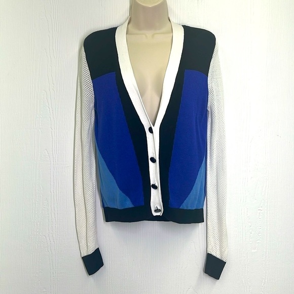 Peter Pilotto - Target Blue Colorblock Long Sleeve Net Cardigan Sweater Small - Picture 2 of 14